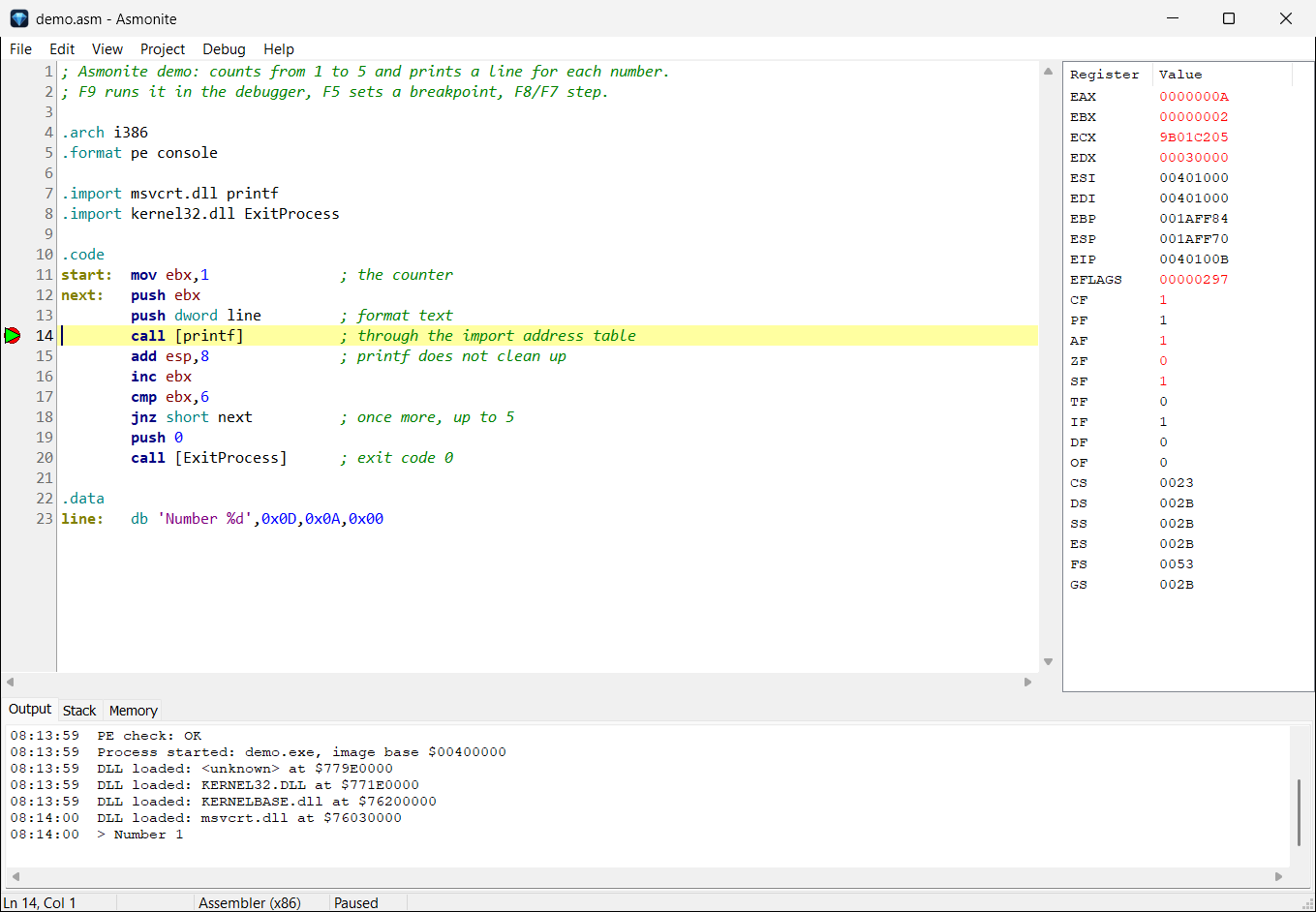 Asmonite: the debugger stopped at a breakpoint, registers on the right