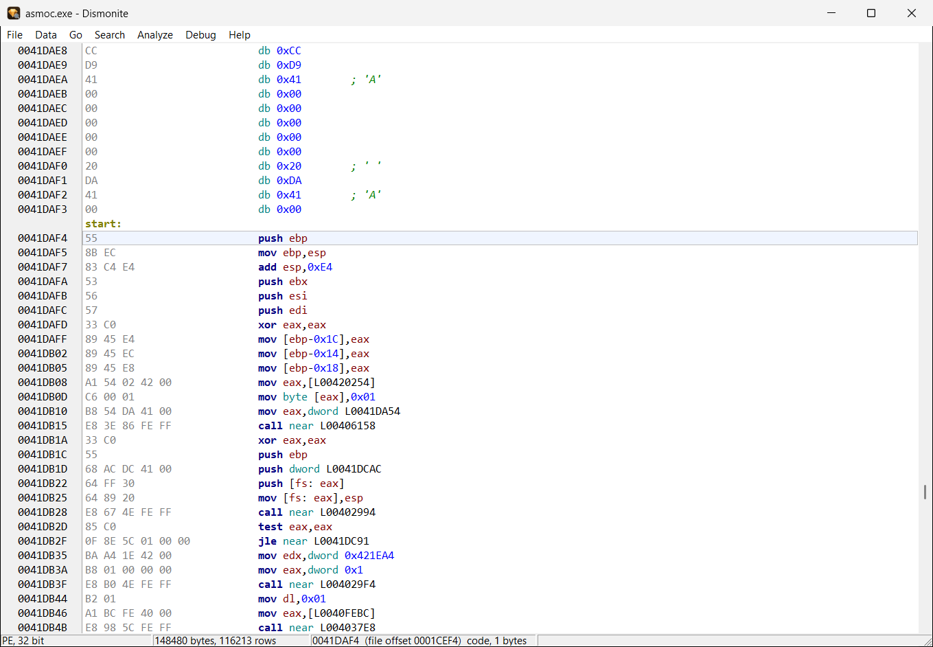 Dismonite: code at the entry point with labels