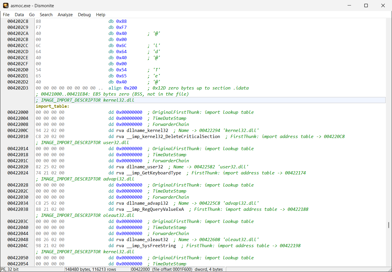 Dismonite: the import table with field names