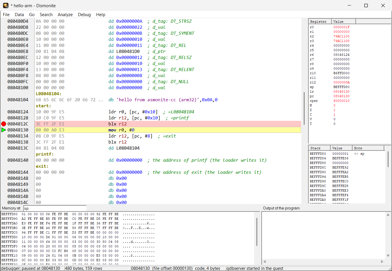 Dismonite: an ARM Linux program after a step over printf, ARM registers and stack