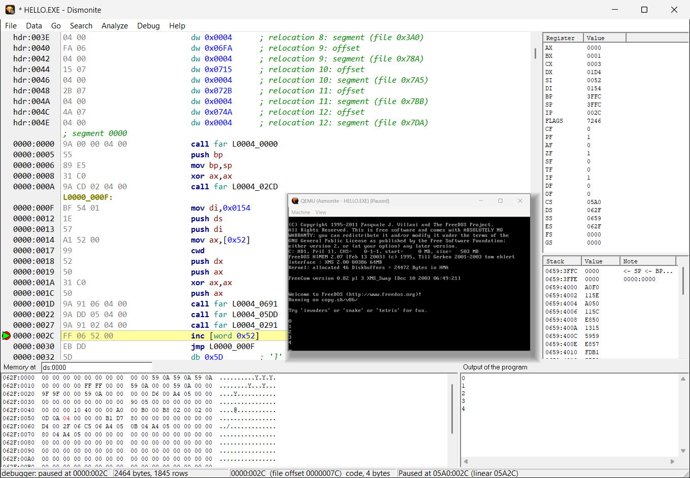 Dismonite: a DOS program stopped at a breakpoint, QEMU window with its output