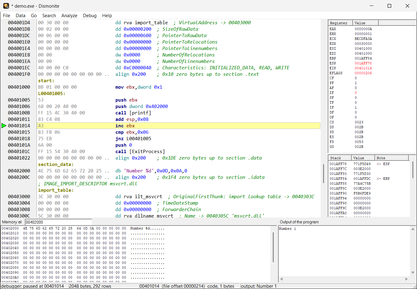 Dismonite: debugging demo.exe with registers, stack, memory and output