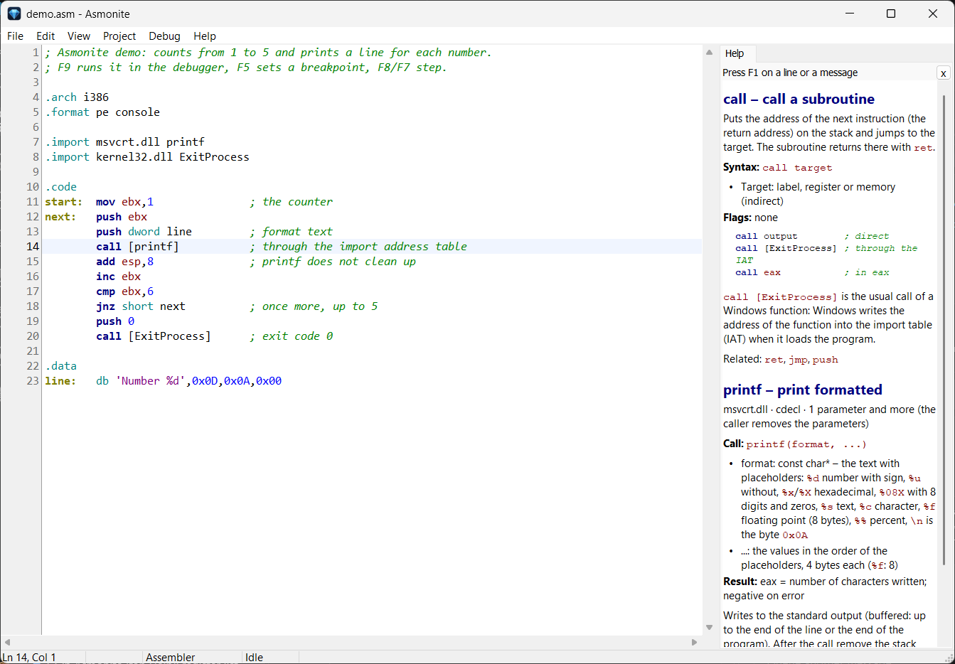 Asmonite: the help on the right explains call and the printf function